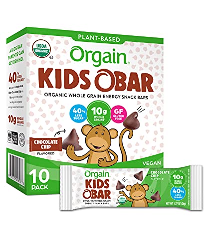 Book Cover Orgain Organic Kids Energy Bar, Chocolate Chip - Great for Snacks, Vegan, 7g Dietary Fiber, Dairy Free, Gluten Free, Lactose Free, Soy Free, Kosher, Non-GMO, 1.27 Ounce, 10 Count