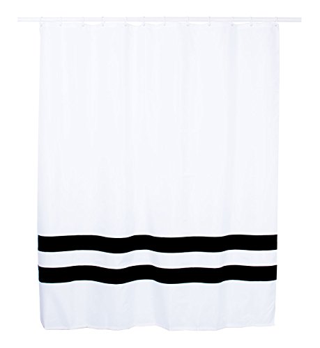 Book Cover FEELOVE Polyester Fabric Shower Curtain, White with Black Stripes, 70x70 inches, with 12 Hooks(White/Black)
