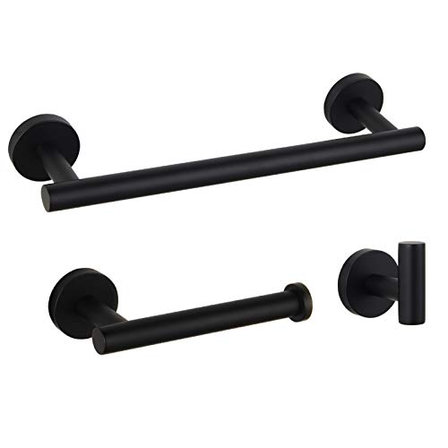 Book Cover Bathroom Hardware Accessories Sets Black Matte SUS304 Stainless Steel Bath Shower Set 3-Pieces(Robe Hook Toilet Paper Holder Towel Bar) Contemporary Style
