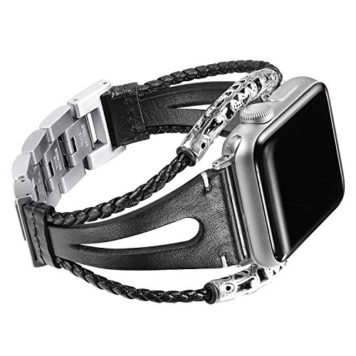 Secbolt Leather Bands Compatible with Apple Watch Band Series 7 41mm, Series 4/5/6 40mm, Series 3/2/1 38mm, Double Twist Handmade Vintage Natural Leather Replacement Bracelet Straps Women Black 1