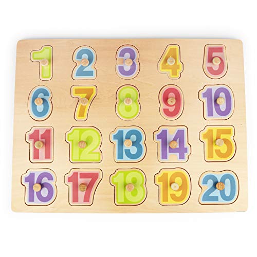 Book Cover Bimi Boo Wooden Number Puzzle Board - Classic Educational Toy for Preschool and Kindergarten Kids 2 to 5 Years Old (Learn Numbers 1 - 20, Solid Wood Construction with Pegs)