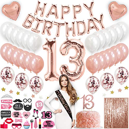 Book Cover 13th Birthday Decorations, 13 Birthday Party Supplies|13 Cake Topper Rose Gold| Happy Birthday Banner| Confetti Balloons for her| Silver Curtain Backdrop Props or Photos 13th Thirteen Teenager Bday