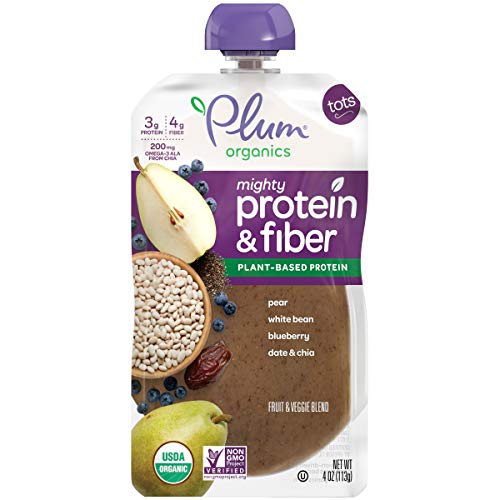 Book Cover Plum Organics Mighty Protein & Fiber, Organic Toddler Food, Pear, White Bean, Blueberry, Date & Chia, 4 Ounce (Pack of 12) (Packaging May Vary)