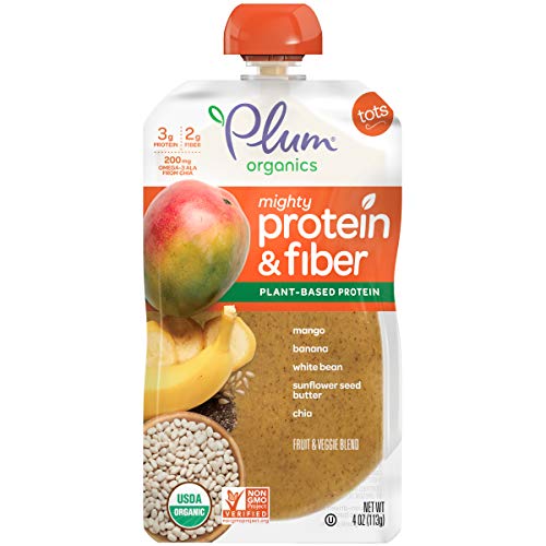 Plum Organics Mighty Protein & Fiber, Organic Toddler Food, Mango, Banana, White Bean, Sunflower Seed Butter & Chia, 4 Ounce, Pack of 12