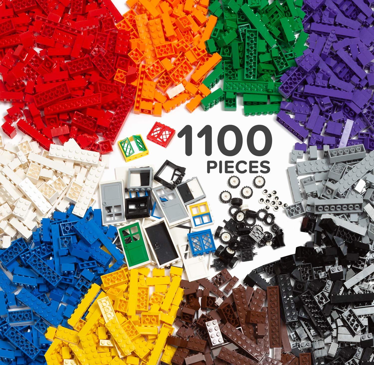 1100 Piece Building Bricks Set- Building Bricks Kit & Wheels Tires Axles Windows & Door Pieces- Classic Colors Bulk Building Blocks Play Set for Boys and Girls, Compatible with All Brands 1,100 Piece - Regular Colors