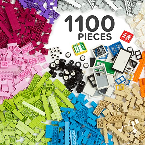 1100 Piece Building Bricks Set- Building Bricks Kit & Wheels Tires Axles Windows & Door Pieces- Pastel Colors, Bulk Building Blocks Play Set for Boys and Girls, Compatible with All Brands