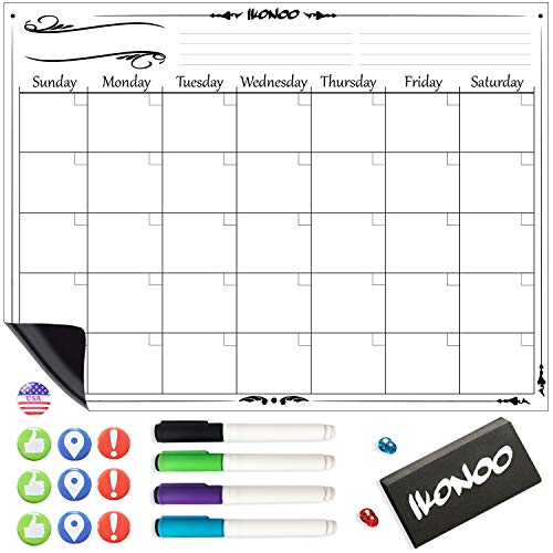 Magnetic Dry Erase Calendar for Refrigerator - Stainproof Technology - Monthly Planner Fridge Whiteboard Family Set - 4 Ultra Fine Tip Dry Erase Markers and Eraser - Large Kitchen White Board Magnet