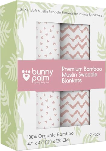 Organic Muslin Swaddle Blankets for Girls - Soft Breathable Muslin Swaddling Blankets Set - 2 Muslin Swaddle Blanket Pack Pink Hearts Chevrons