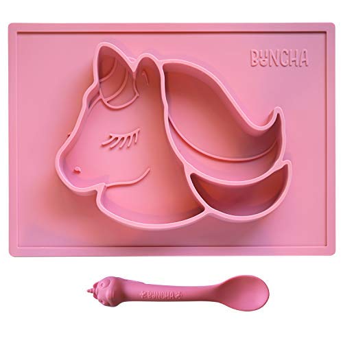 BUNCHA Suction Plates for Toddlers, Silicone placemats Designed for Baby led weaning. Includes Matching Baby Spoon Pink Unicorn