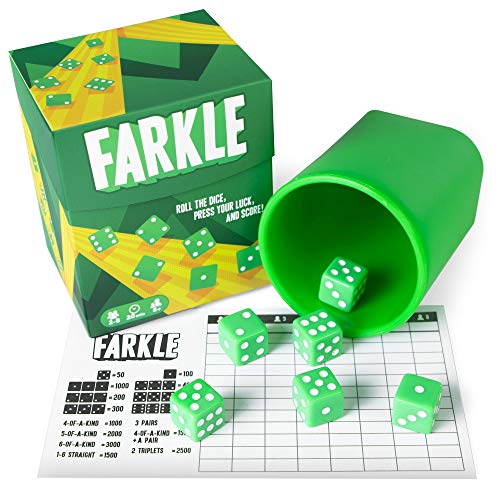 Brybelly Farkle: The Classic Family Dice Game | Set Includes Dice Cup, Set of 6 Green Dice, 25 Scorecards, and Storage Box