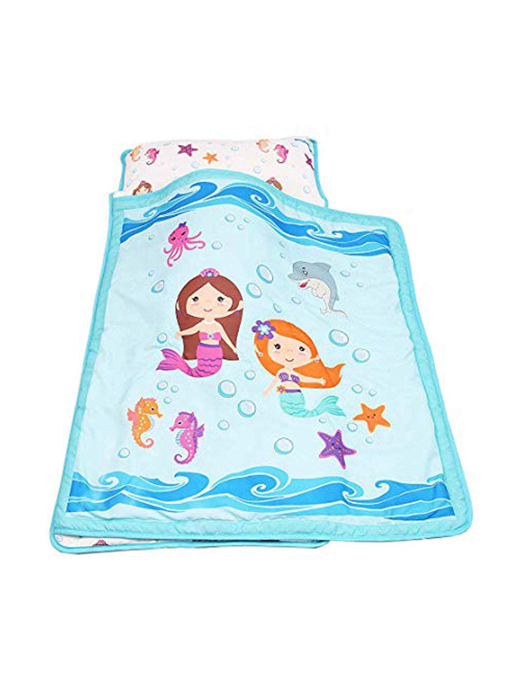 Book Cover EVERYDAY KIDS Toddler Nap Mat with Removable Pillow -Underwater Mermaids- Carry Handle with Fastening Straps Closure, Rollup Design, Soft Microfiber for Preschool, Daycare Sleeping Bag, Ages 2-6 years