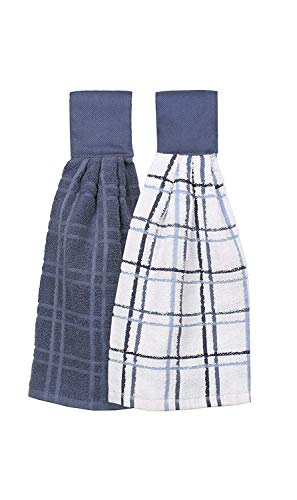 Trenton Gifts 100% Cotton Hanging Tie Towels | 2 Pack | Checked and Solid (Blue)