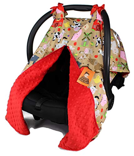 Dear Baby Gear Baby Car Seat Canopy, Tan Farm Life Animals and Barns, Red Minky