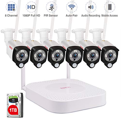 [Expandable System] Tonton 8CH 1080P NVR Wireless Camera System with 1TB HDD, 6PCS 1080P 2.0 MP Waterproof Outdoor Indoor Bullet Cameras with PIR Sensor, Audio Record, Auto-Pair,Plug&Play