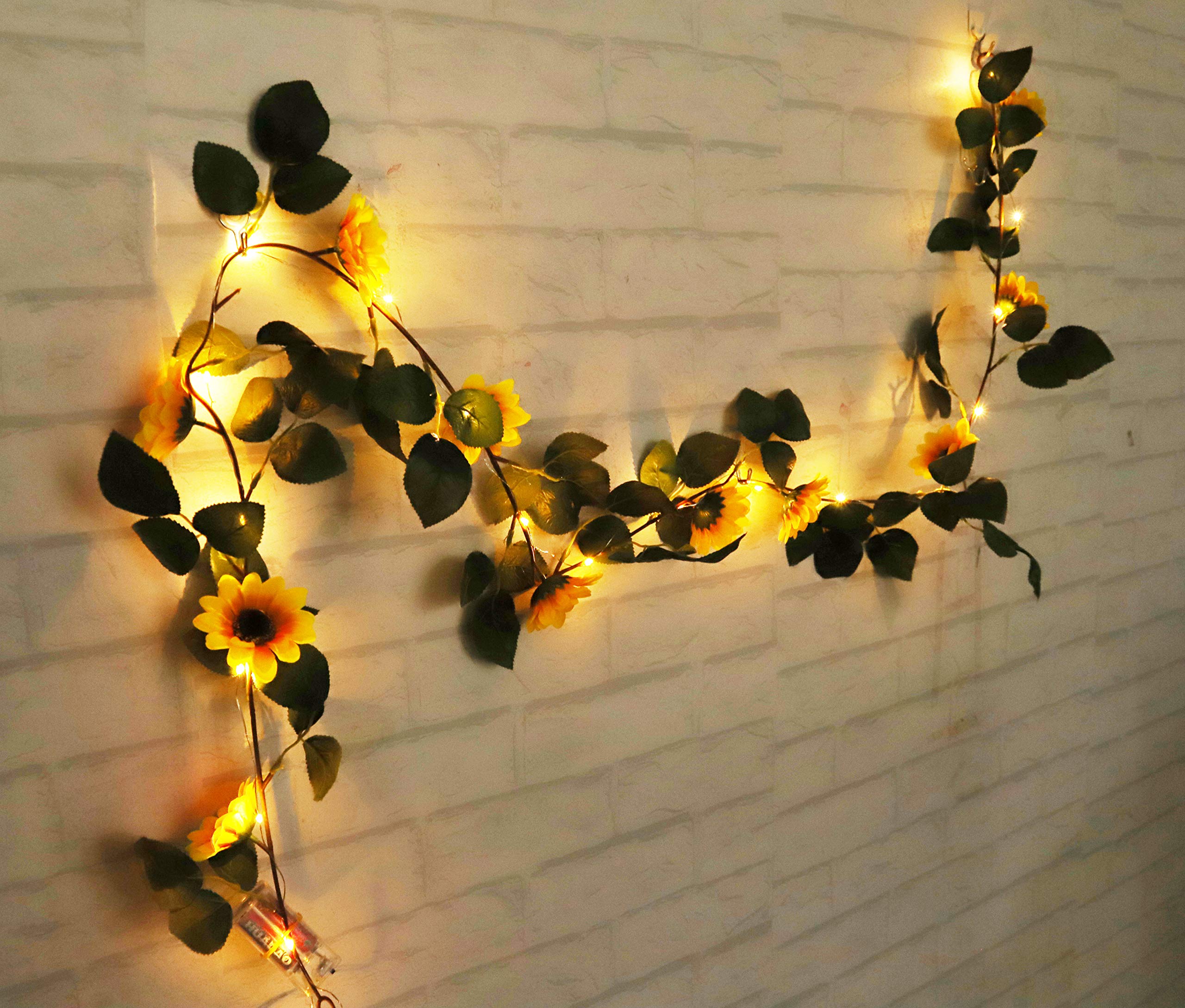 FLCSIed 2 AA Batteries Powered 20 LED Silver String Fairy Lights with Sunflowers and Timer Function, Warm White
