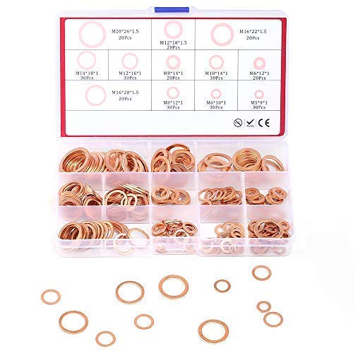 300Pcs 12 Sizes Flat Copper Washers Metric Sealing Washer Assortment Set (M5-M20) WANYIFA