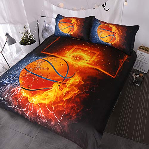 Book Cover Blessliving Basketball Bedding for Boys or Girls, 3D Shooting a Basketball, Red Flames and Blue Water, 3 Piece Sports Duvet Cover (Twin)