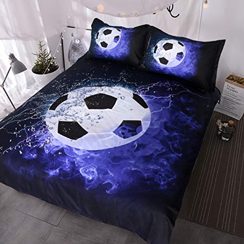 Blessliving Soccer Bedding Twin Set Blue Soccer Fire Duvet Cover for Kids Teen Boys Girls 3 Piece Sports Comforter Cover 3D Black and White Ball Bed Set