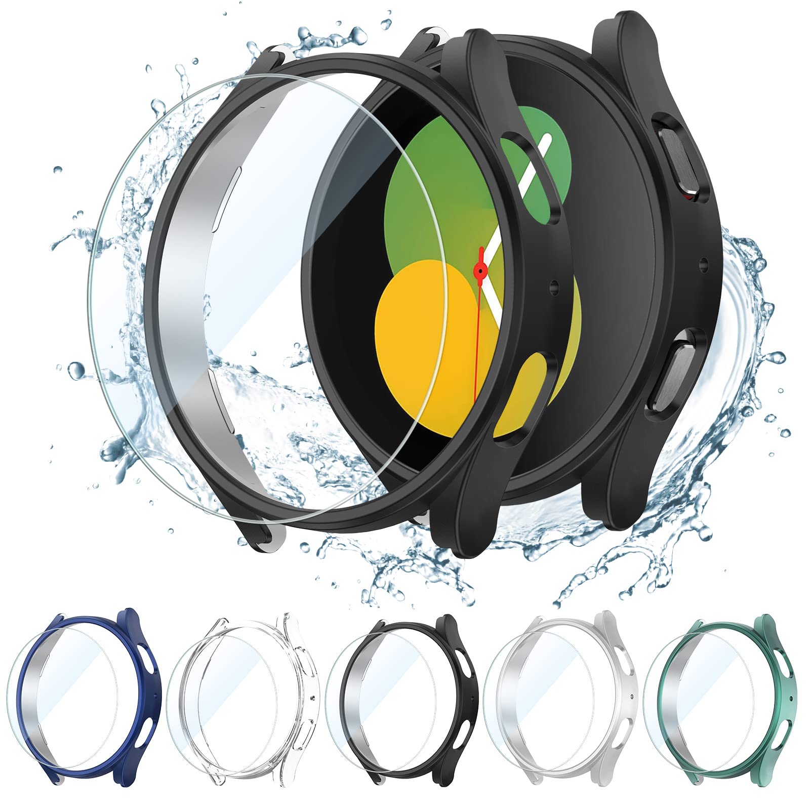 KIMILAR [5+5 Pack] Galaxy Watch 5/Galaxy Watch 4 Screen Protector Case 40mm, Anti-Fog Tempered Glass and Hard PC Protective Bumper Compatible with Samsung Galaxy Watch 5 40mm and Galaxy Watch 4 40mm 40mm Black/Silver/Clear/Blue/Green