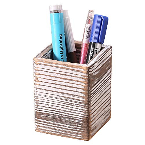 Homode Rustic Pen Holder, Wooden Pencil Holder for Desk, Decorative White Square Pen Cup Holder Organizer, Farmhouse Office Supplies and Home Desk Accessories