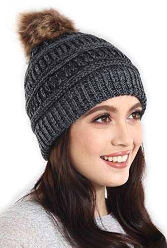 Pom Pom Beanie Winter Hat For Women - Faux Fur Pompom Warm, Thick & Chunky Soft Cable Knit Hats - Cute & Trendy Cold Weather Knitted Caps - Stylish & Trendy Snow & Ski Beanies for Ladies