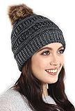 Brook + Baie Multicolore Fausse Fourrure Pom Pom Bonnet – épais, Doux et épais câble Bonnet en Tricot Chapeaux pour Homme et Femme, Femme, Noir/Gris