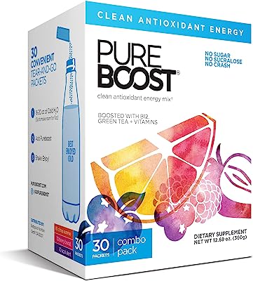 Book Cover Pureboost Clean Energy Drink Mix. Contains No Sugar No Sucralose. Healthy Energy Loaded with B12, Antioxidants, 25 Vitamins, Electrolytes. (Combo Pack, 30 Count)