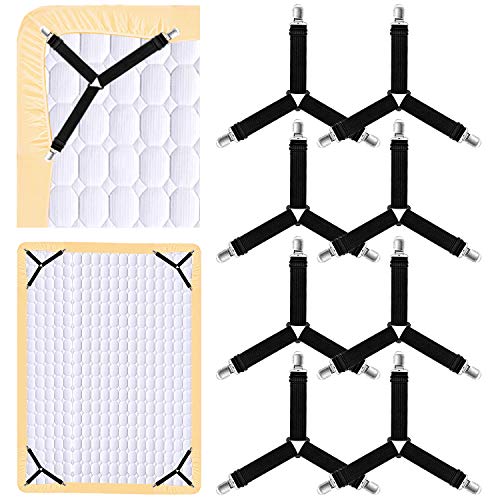 Kelofty 8PCS Fitted Sheet Clips - 2 Sets Bed Sheet Holder Straps with 3 Non-Slip Clips, Upgrade 3-Bands Mattress Clips for Sheets, Premium Mattress Sheet Straps, Fasteners, Mattress Holder Clips