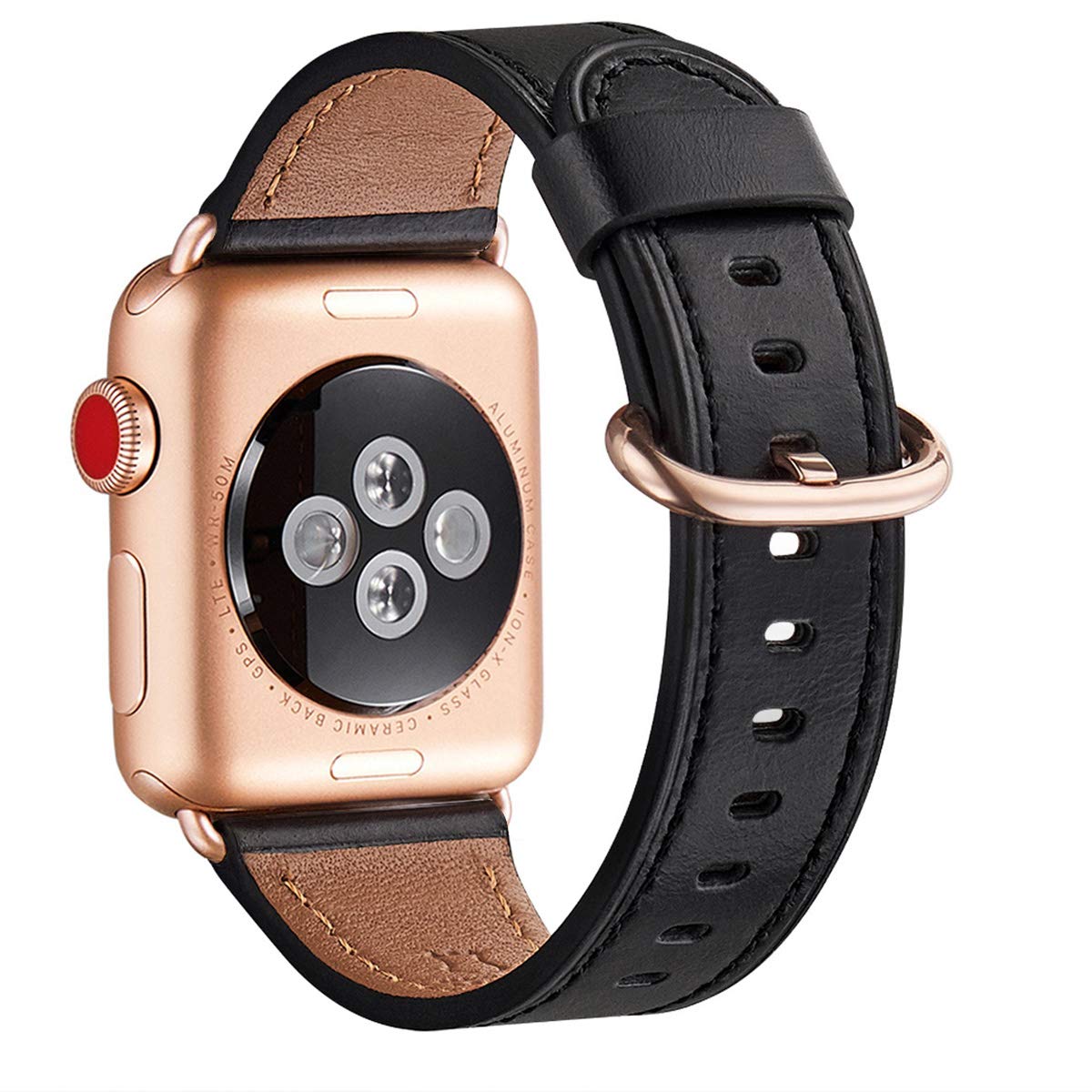 Book Cover WFEAGL Compatible with Apple Watch Band 49mm 42mm 44mm 45mm Women, Top Grain Leather Band for iWatch Ultra SE & Series 8/7/6/5/4/3/2/1(Black+RoseGold) Black/RoseGold 42mm 44mm 45mm 49mm