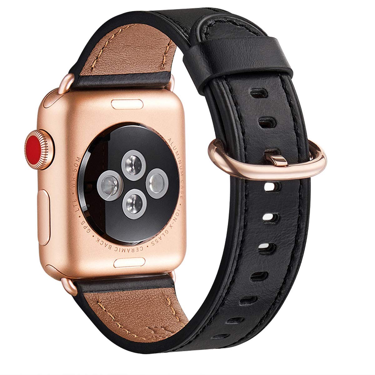 WFEAGL Compatible with Apple Watch Band 49mm 42mm 44mm 45mm Women, Top Grain Leather Band for iWatch Ultra SE & Series 8/7/6/5/4/3/2/1(Black+RoseGold) Black/RoseGold 42mm 44mm 45mm 49mm