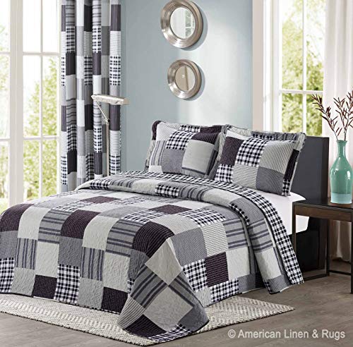 Book Cover All American Collection Black and Grey Modern Plaid 3-Piece Queen Bedspread and Pillow Sham Set | Matching Curtains Available!