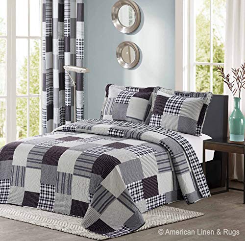 All American Collection Black and Grey Modern Plaid 3-Piece Queen Bedspread and Pillow Sham Set | Matching Curtains Available!