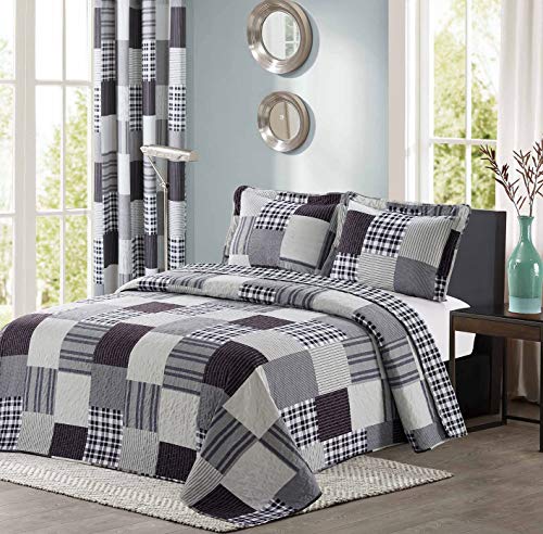 Book Cover All American Collection Black and Grey Modern Plaid Bedspread and Pillow Sham Set | Matching Curtains Available! (Twin Size)