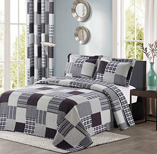 All American Collection Black and Grey Modern Plaid Bedspread and Pillow Sham Set | Matching Curtains Available! (Twin Size)