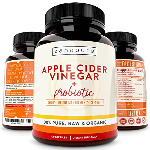Zanapure - Pure, Organic, Raw Apple Cider Vinegar with Probiotic & The Mother - for Detox, Cleanse, Digestive Support, Weight Management, Gut Health - 120 Vegan Capsules