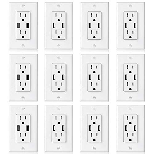 [12 Pack] BESTTEN USB Outlets, 15 Amp Tamper Resistant Receptacles with Dual 3.6A High Speed USB Charging Ports, Decorator Wall Plate Included, UL Listed, White