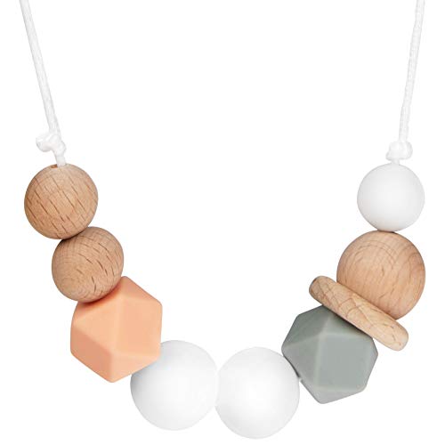 Baby Silicone Teething Necklace for Mom: Chewable Nursing and Teether Jewelry for Mom to Wear and Babies to Chew - Soft BPA Free Silicone and Wood Chewing Beads with Nylon String - White, Peach, Gray