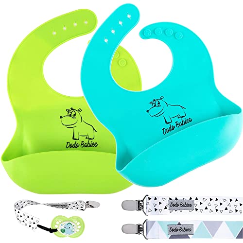 Book Cover Dodo Babies Silicone Bib Set - 2 Soft, BPA-Free Food-Grade Silicone Bibs in Blue & Green - Easy-Clean, Wide Food Pockets, Adjustable Straps for Babies and Toddlers - Two Bonus Universal Pacifier Clips