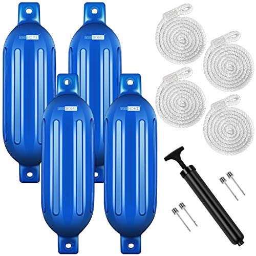 VIVOHOME 4 Packs 6.5'' x 23'' Ribbed Marine Boat Fender Includes 4 3/8'' Braided Lines, 4 Inflating Needles, a Pump (Blue)