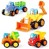 Coogam Friction Powered Cars 4 Pack Construction Vehicles Cartoon Push and Go Tractor, Bulldozer, Truck, Dumper Fine Motor Skill Activity Toy Gift for Boy Children Kids