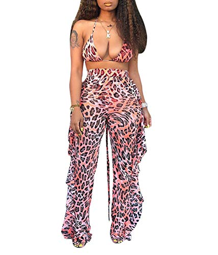 Women Beading Pearl See Through Sheer Mesh 2 Pieces Outfits Jumpsuits Crop Top and Hollow Out Ruffle Long Pants