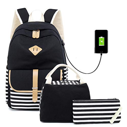Canvas Backpack Girls Stripe School Bookbag Women College Backpack Travel Casual Daypacks for Teen Girls Black
