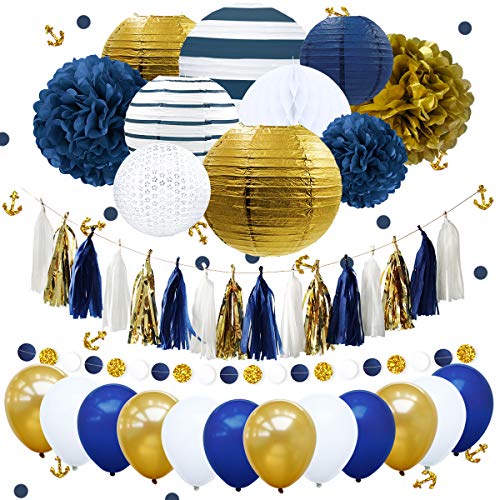 NICROLANDEE Nautical Decorations Navy Stripe Gold Paper Lanterns Royal Blue Tissue Pom Poms Flower Glitter Anchor Confetti Tassel Garland Party Balloon for Graduation, Wedding, Birthday, Bachelorette