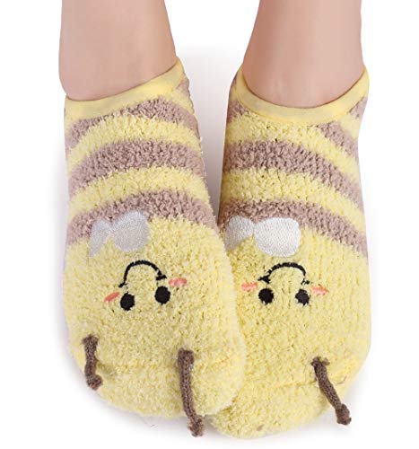 Pareberry Women's Thick Cute Animal Crew Warm Short Fuzzy Slipper Sock (Women Shoe Size(5-10), Bee)