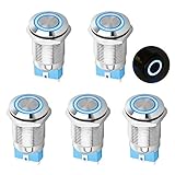 5PCS DC 12V/24V Metal Latching Push Button Switch, 4 Pin Car RV Truck Boat SPST ON/Off Switch, Waterproof Self-Locking Round Marine Switch with Blue LED Light for 12mm 1/2" Mounting Hole
