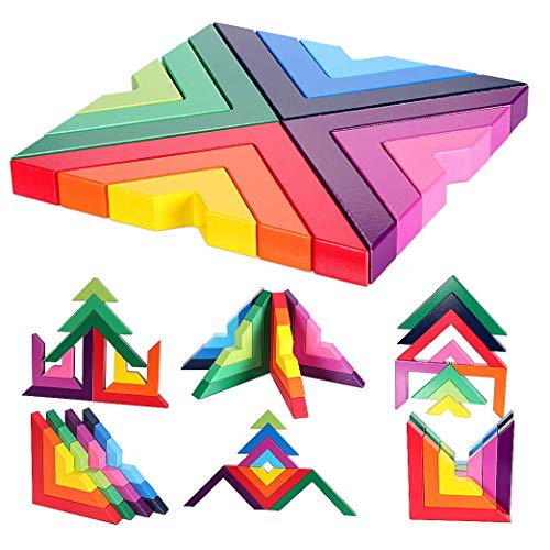 Agirlgle Wood Building Blocks Rainbow Stacking Game for Kids Children Preschool Learning Educational Toys Shape Color Sorter Recognition Geometric Board Block Wooden 3D Puzzles Toys