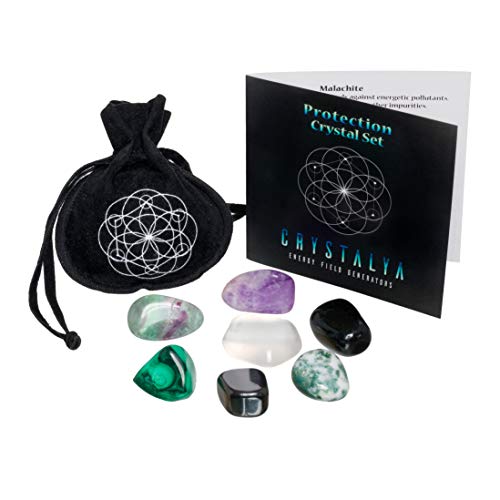 Book Cover Crystals Protection/EMF - 7 pc Pocket-Sized Crystal Healing Set - Obsidian, Fluorite, Malachite, Hematite, Amethyst, Tree Agate, Clear Quartz + Informational Guide