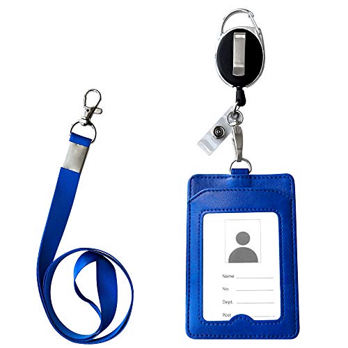 ID Card Case + Lanyard + Badge Holder Retractable Reel Carabiner (Upgrated Blue)