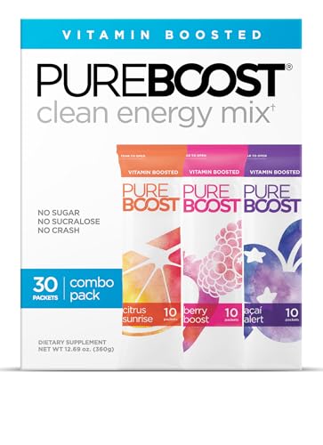 Pureboost Clean Energy Drink Mix. No Sugar. No Sucralose. Healthy Energy Loaded with B12, Antioxidants, 25 Vitamins, Electrolytes. (30 Count)