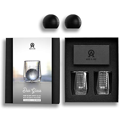 Aged & Ore - The Duo Glass | Hand Blown Double Walled Whiskey Glass Gift Set with Free Silicone Ice Molds | Integrated Measuring Lines for the Perfect Cocktail | Durable Modern Tumbler | Set of 2